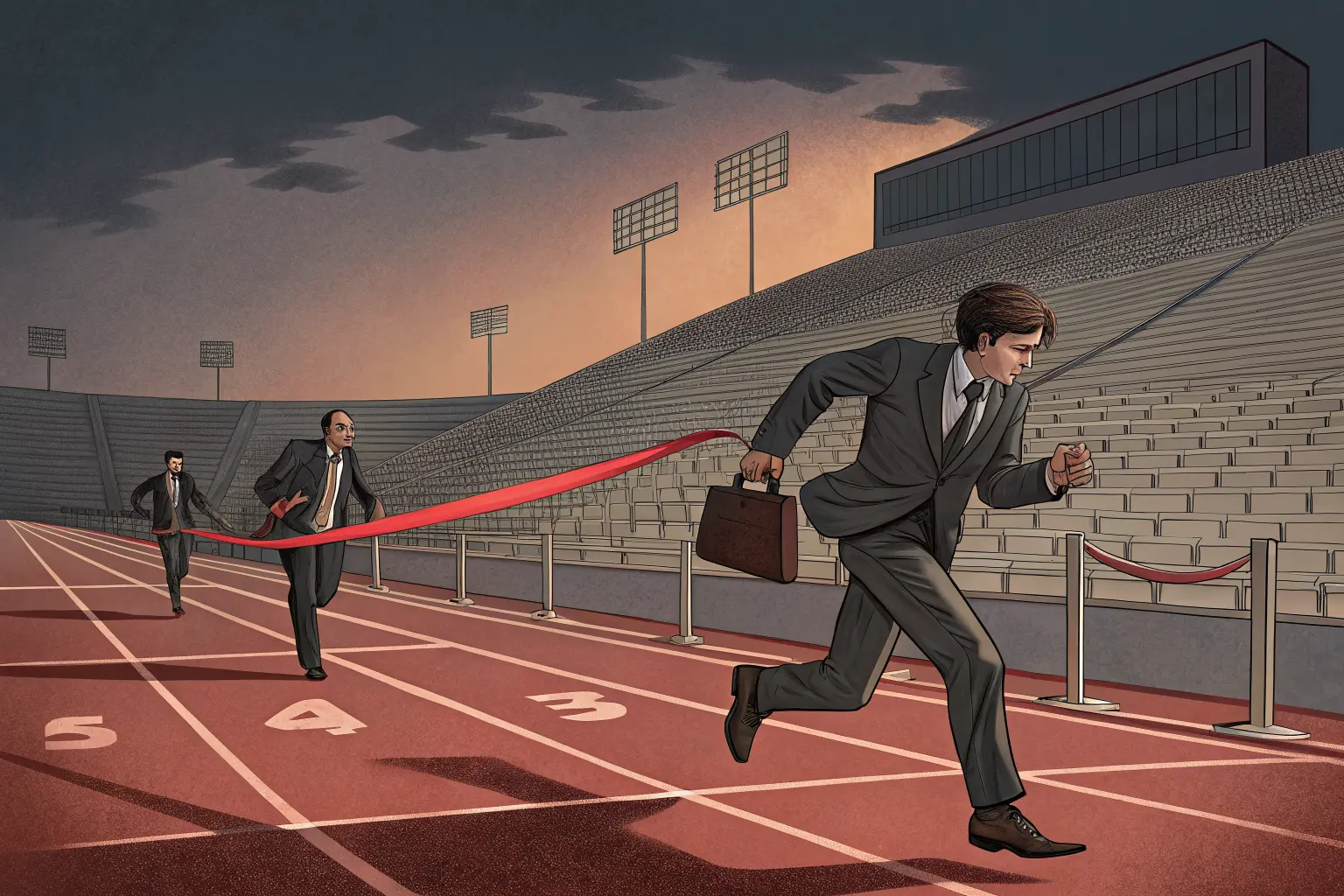 A lone runner sprinting toward a finish-line ribbon that two men in suits carry forward, keeping it always out of reach