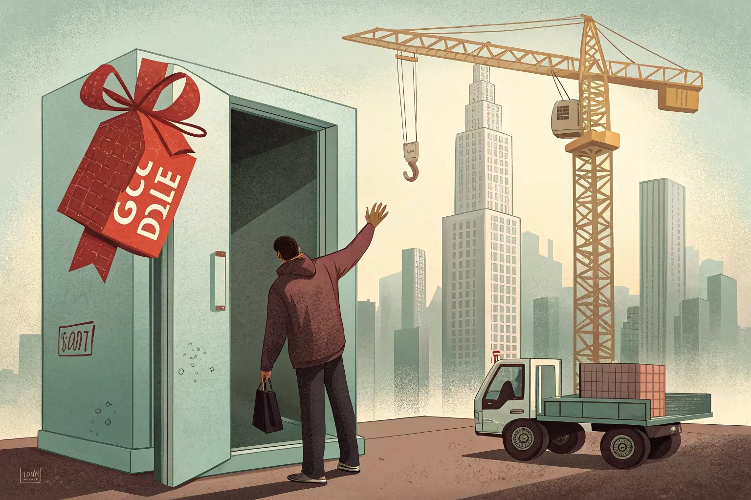 A shop owner watches a crane hoist his gift-wrapped server with a red SOLD tag toward a corporate tower as a salesman waves from a departing truck