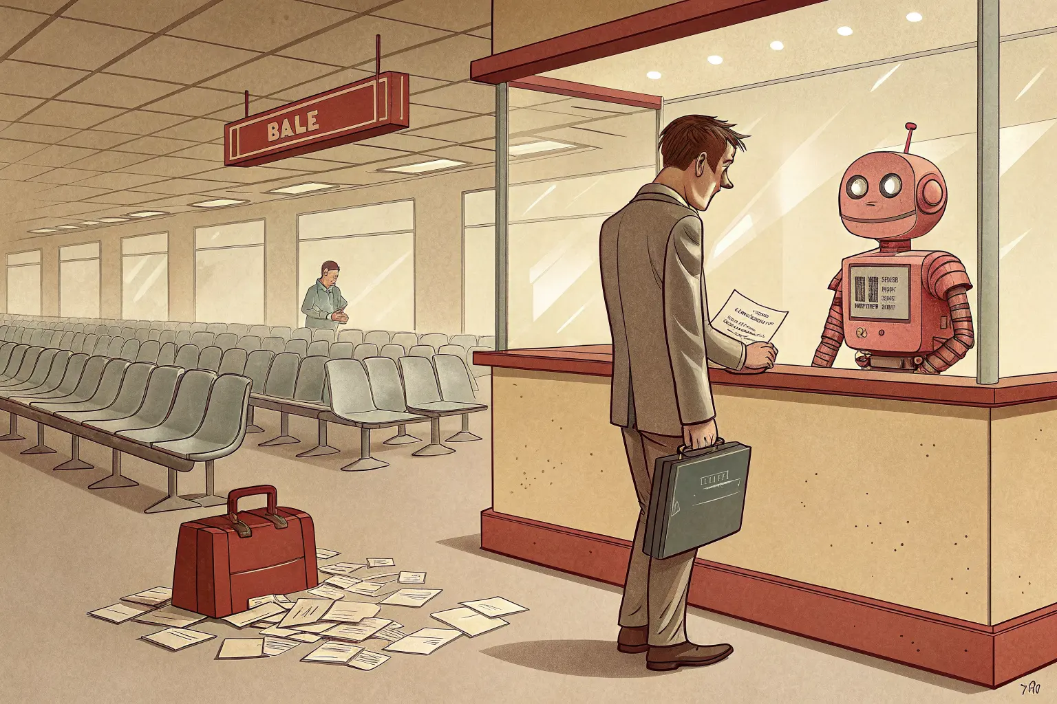 A weary customer at a help-desk window where the clerk is a smiling robot made of a padlocked steel shutter, unread tickets piling on the floor