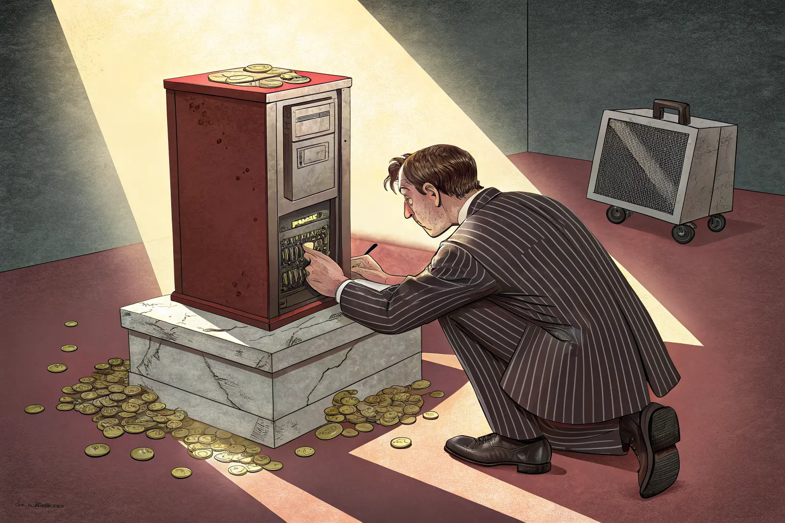 A businessman polishing a rusty obsolete server rack on a museum pedestal while a brand-new one sits in a dumpster behind him