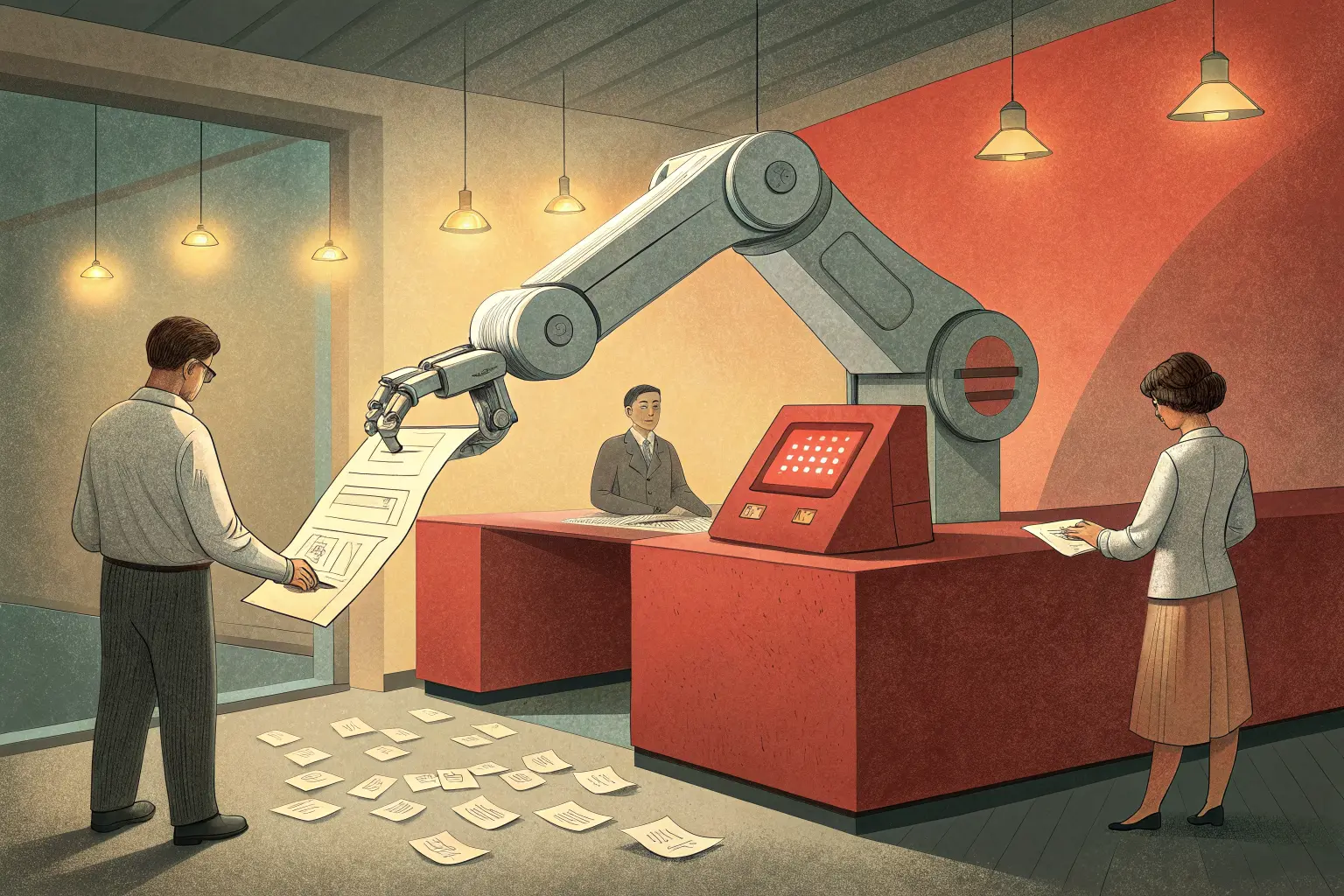A robotic arm pressing a glowing SEND button twice, two identical invoices sliding from one slot toward two identical confused customers