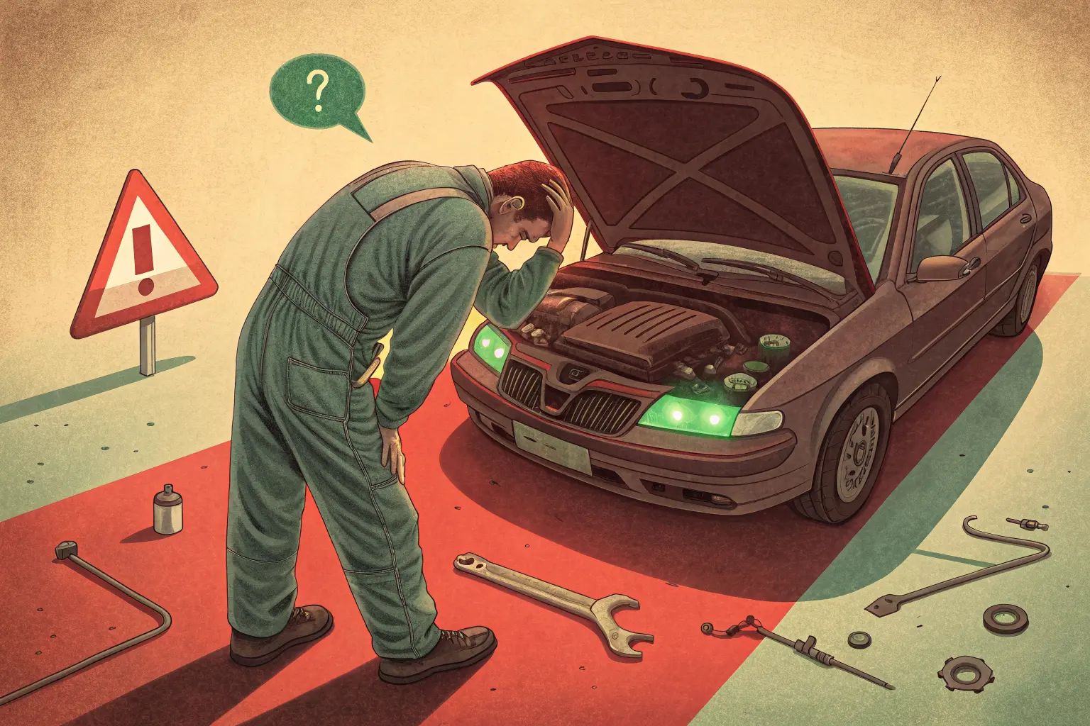 A mechanic staring at an engine that was silently swapped overnight, a green OK light on the dashboard