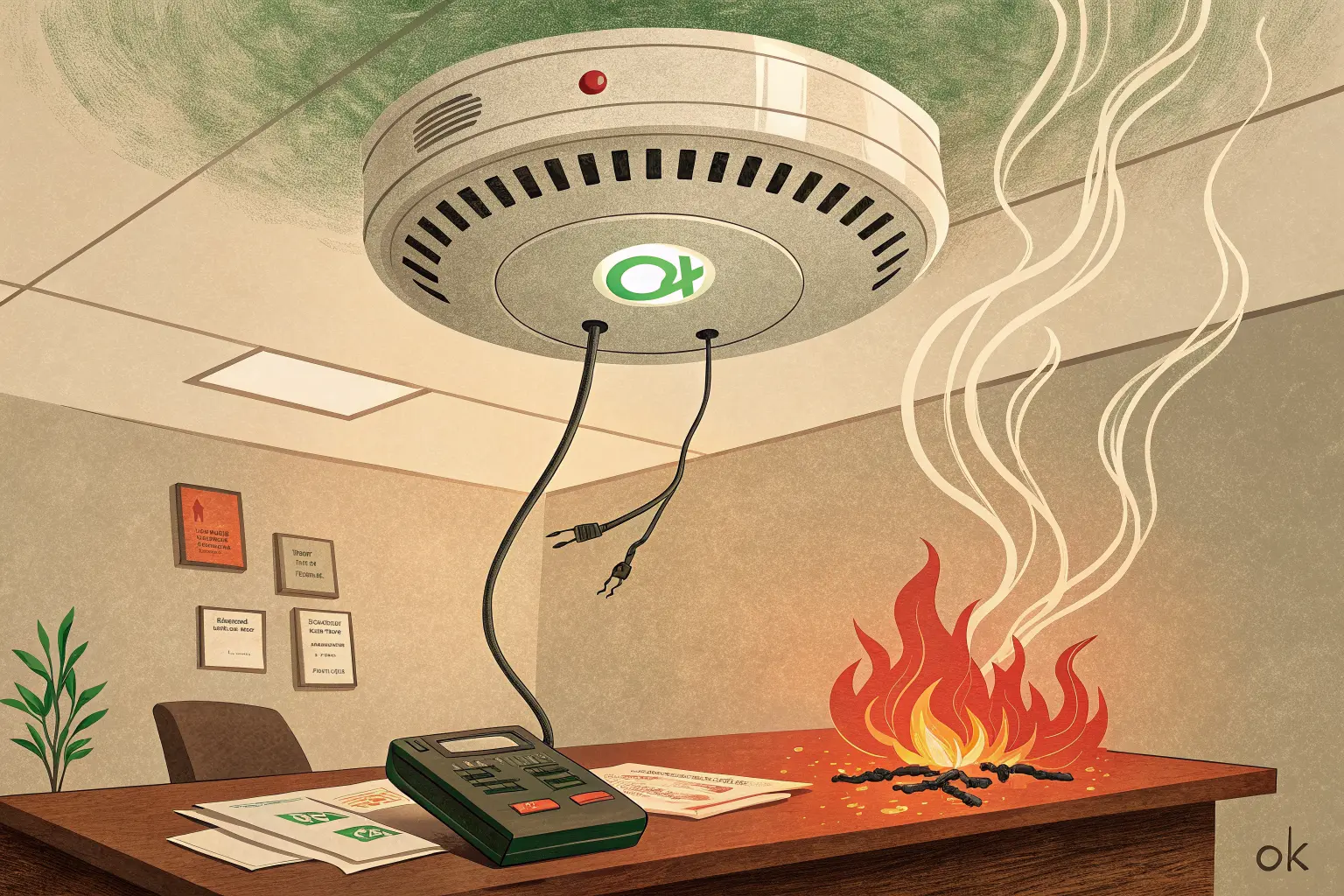 A ceiling smoke detector glowing a calm green light, its battery pulled out, while a fire burns on the desk below