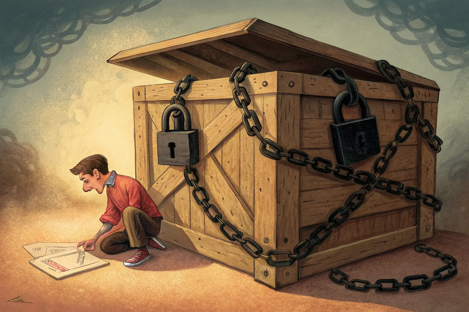 An engineer squinting through the keyhole of a wooden crate that is propped open but wrapped in chains and padlocks