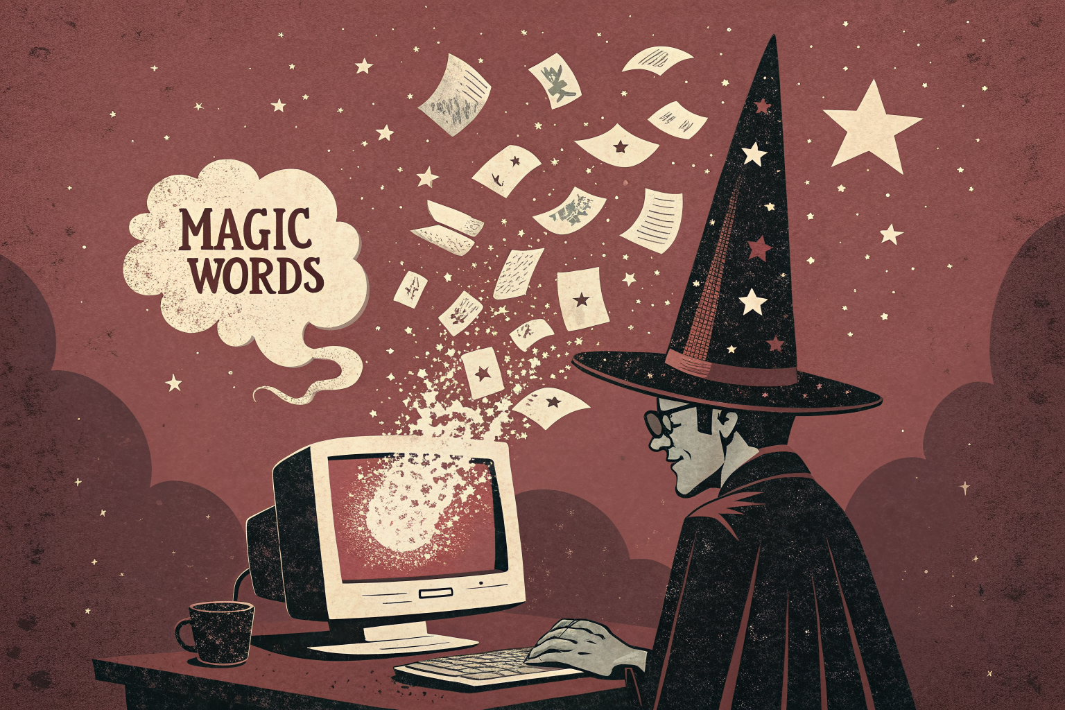 A wizard at a vintage computer conjuring the words MAGIC WORDS