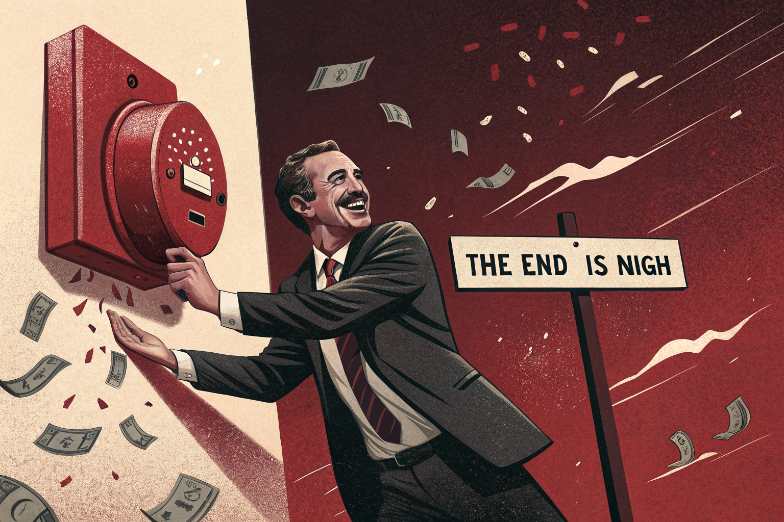 A grinning executive pulling a fire alarm as cash flies past a sign reading The End Is Nigh