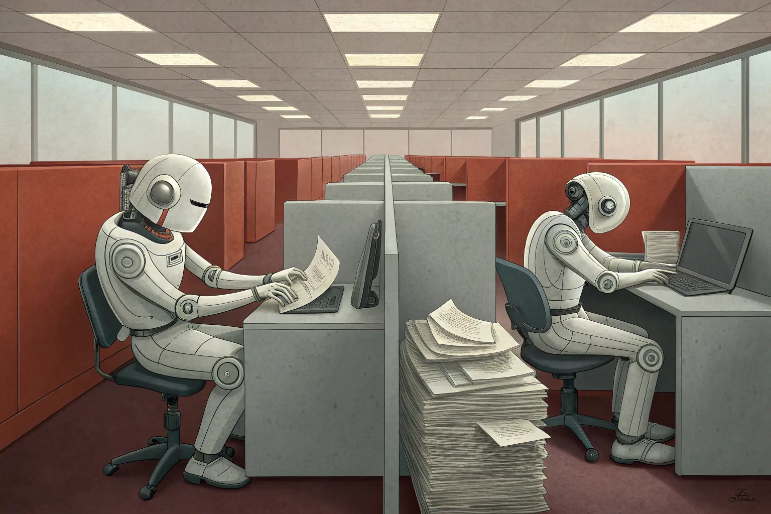 Two identical office robots at facing desks handing each other letters, a mountain of unread paper piling up between them in an empty cubicle farm