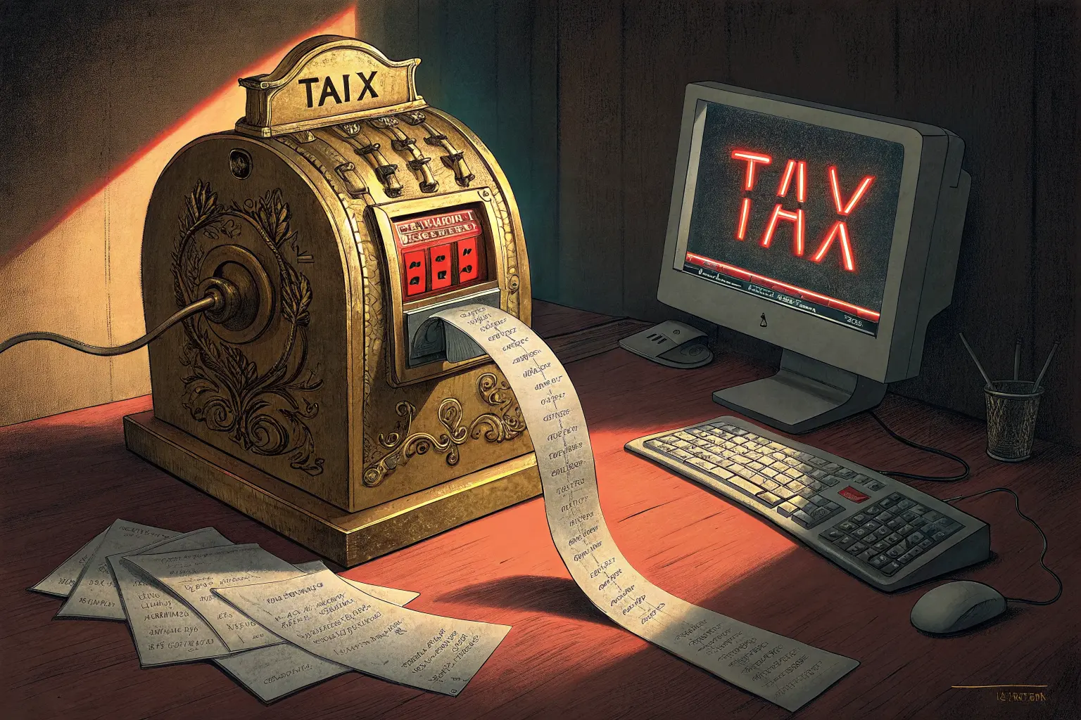 A brass taxi fare meter bolted to a glowing computer monitor, red digits climbing