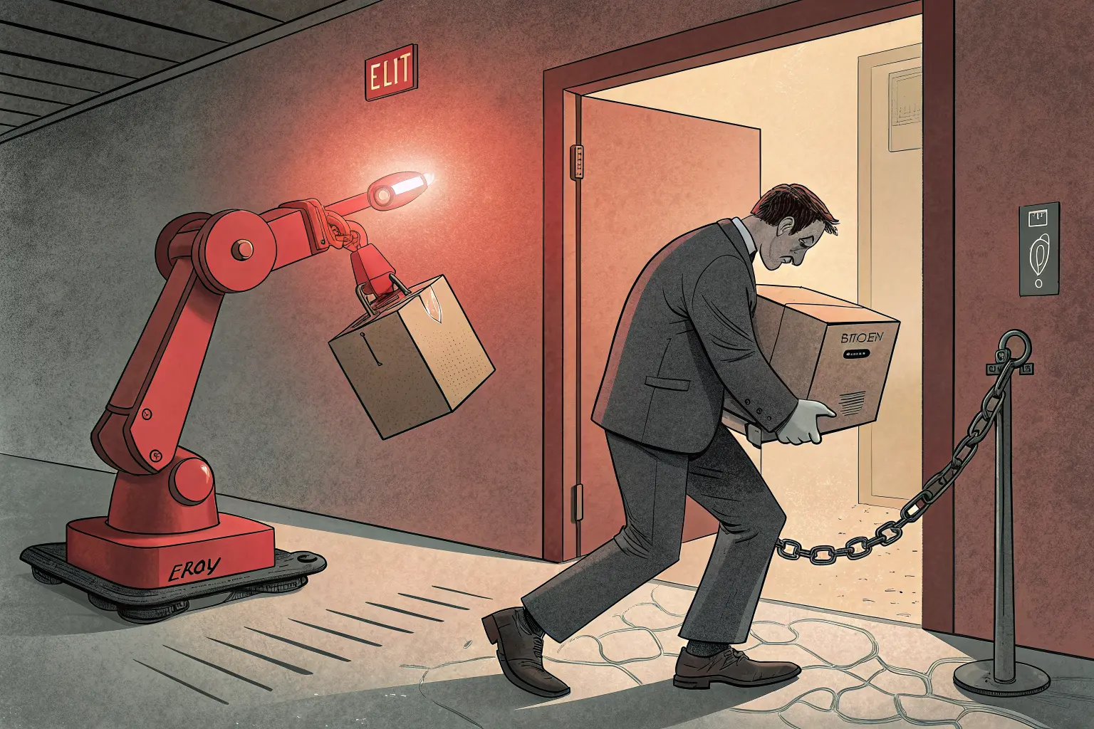 A small business owner hauling a moving box toward the exit while a glowing robot stays chained to the vendor's floor and a salesman holds the only key