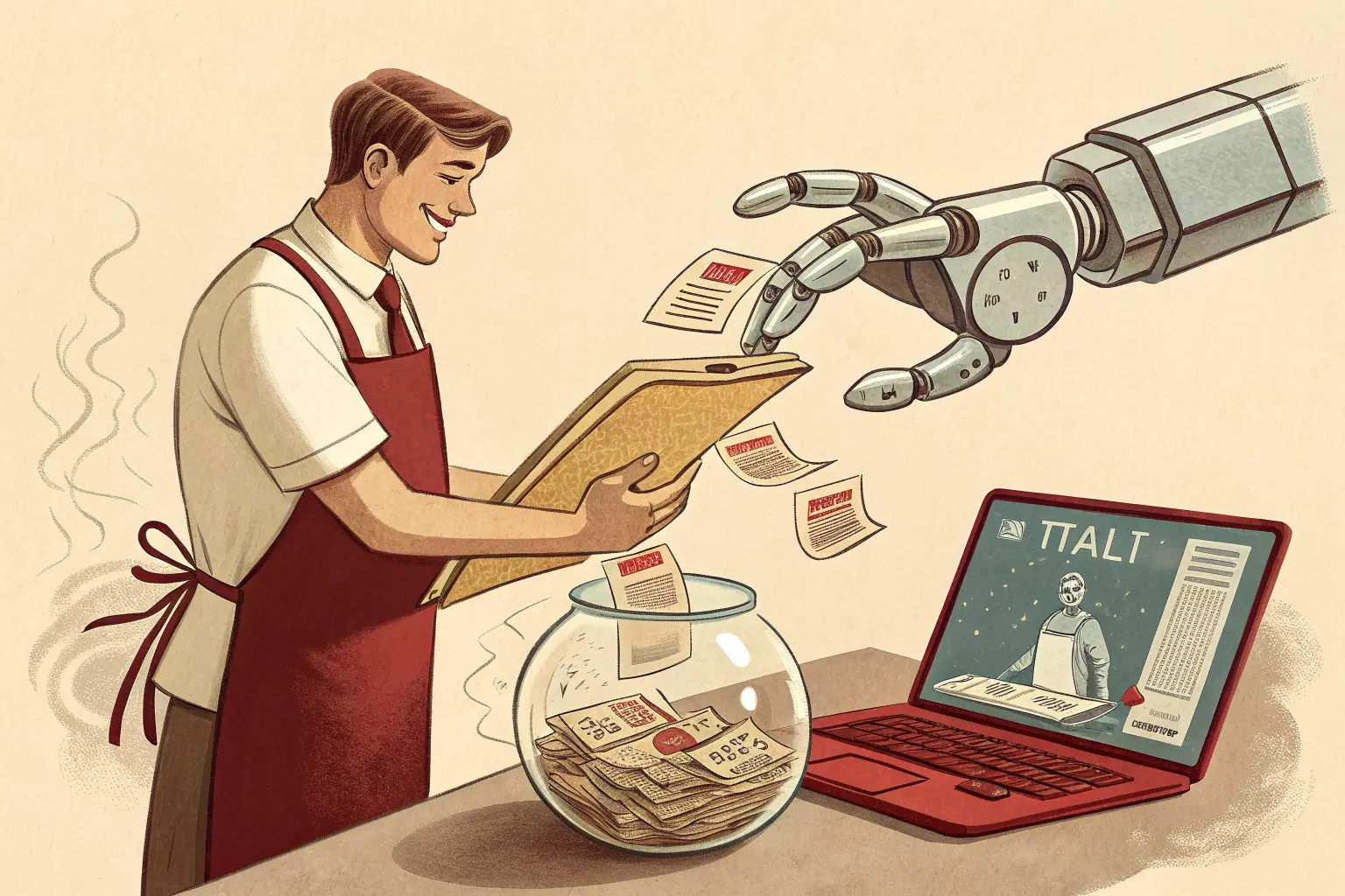 A small shop owner handing a customer ledger and a fishbowl of business cards into a giant robotic hand reaching out of a laptop