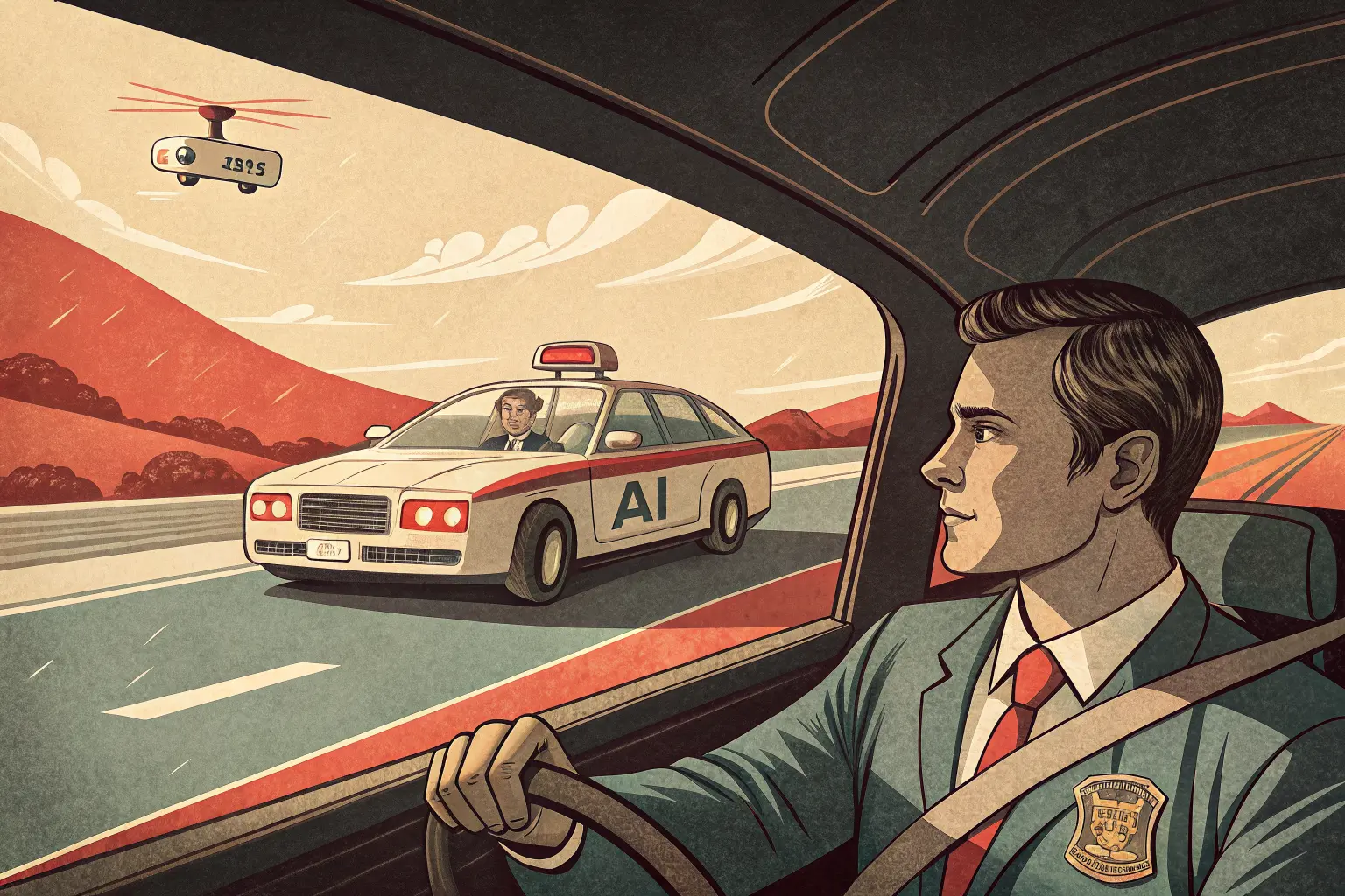 A sleek AI-badged machine speeding down a highway with a nervous office worker buckled in as the deploying airbag